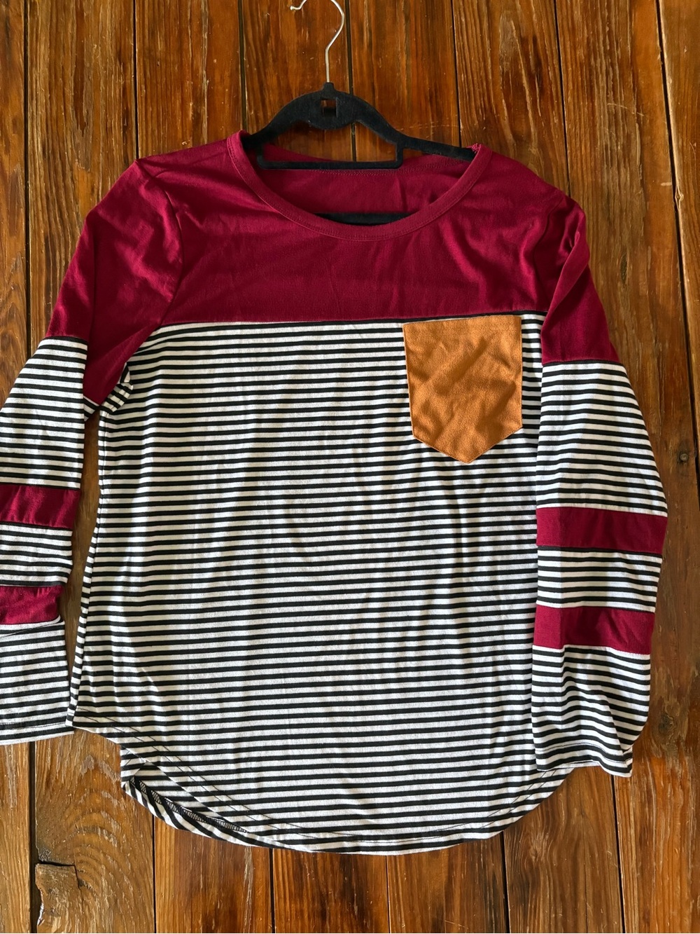 SHEIN Burgundy, Black & White Striped Long Sleeve Top with Tan Pocket